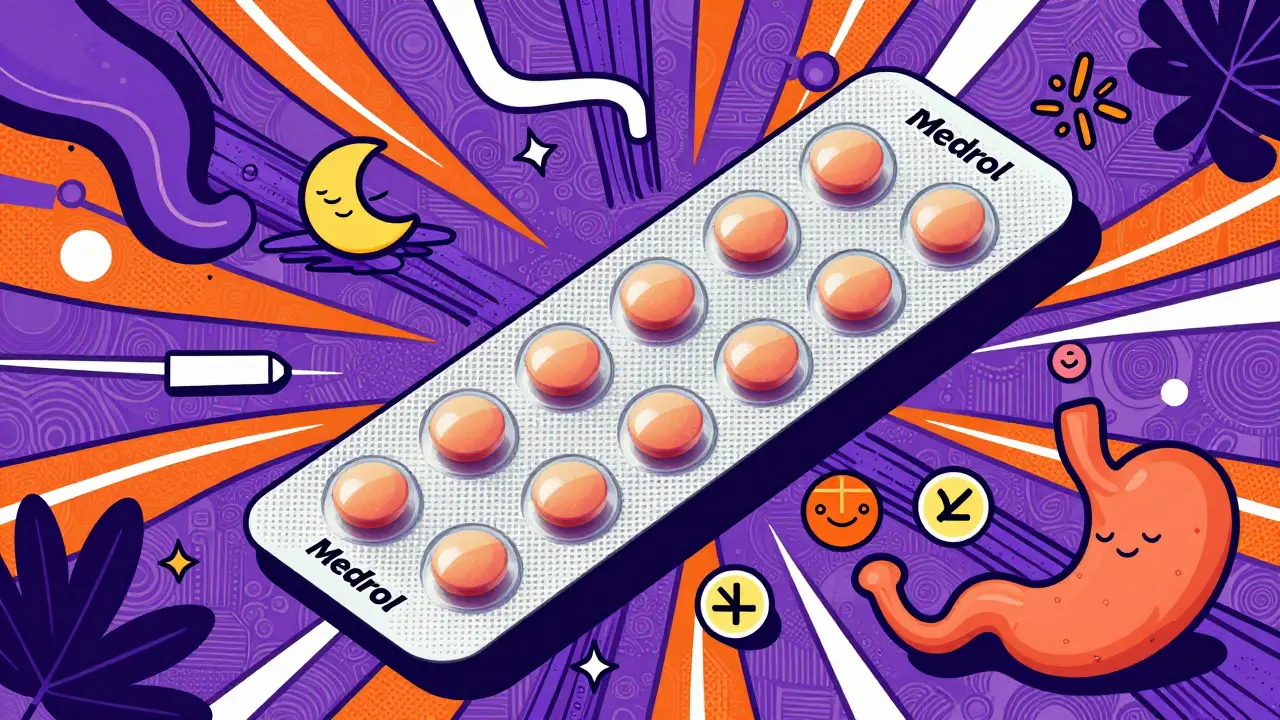 Colorful illustration of a steroid dose pack with side effect icons
