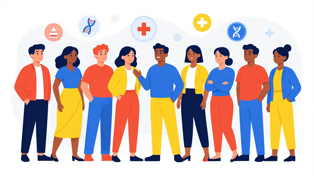 Diverse group of empowered patients standing together in a colorful scene.
