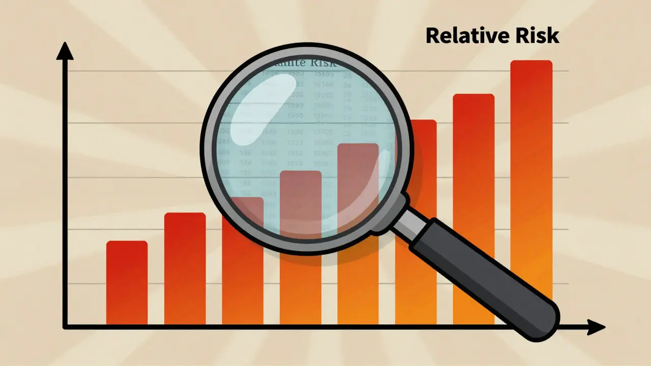 Graphic showing absolute risk vs relative risk with magnifying glass