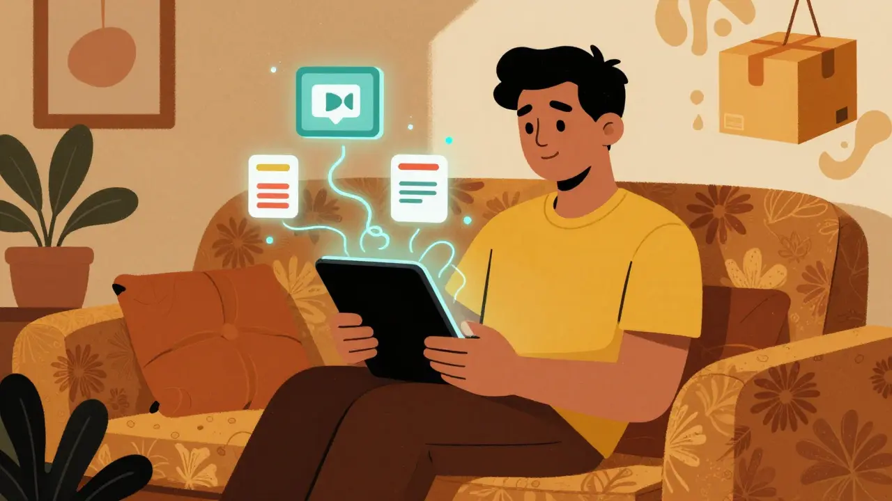 Groovy art showing telemedicine consultation and easy online prescription process