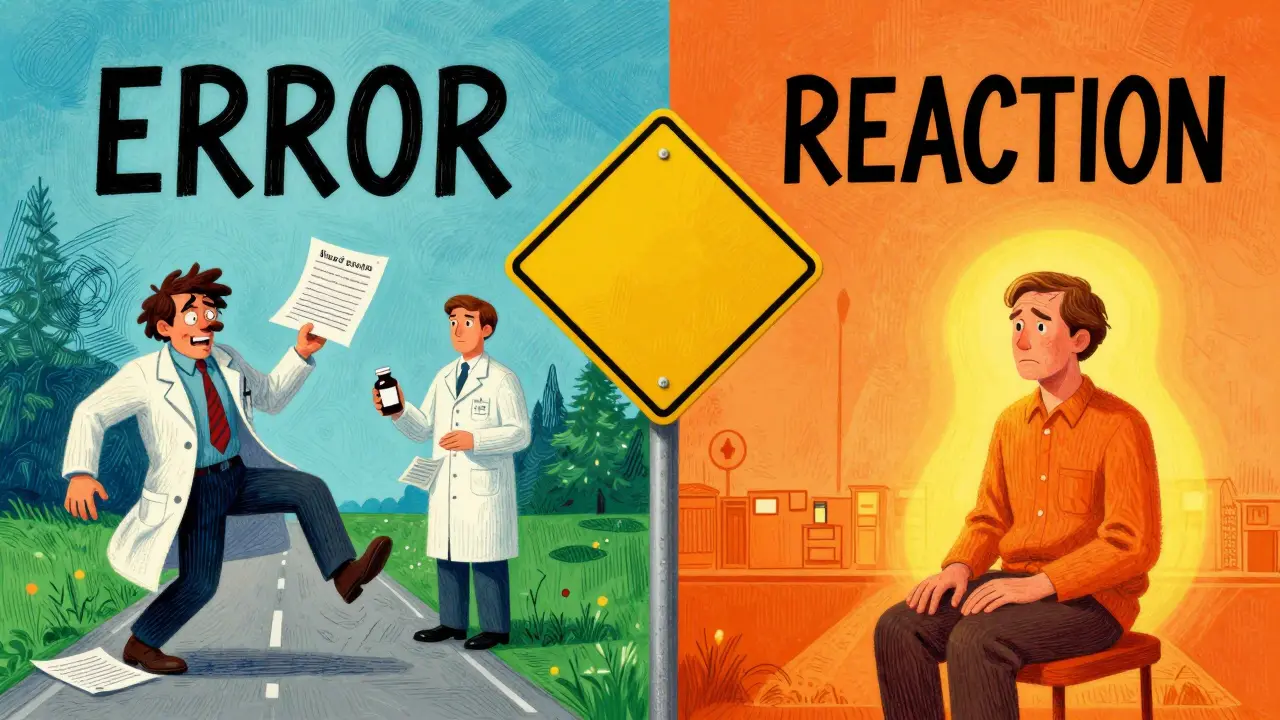 Illustration distinguishing medication errors from adverse drug reactions