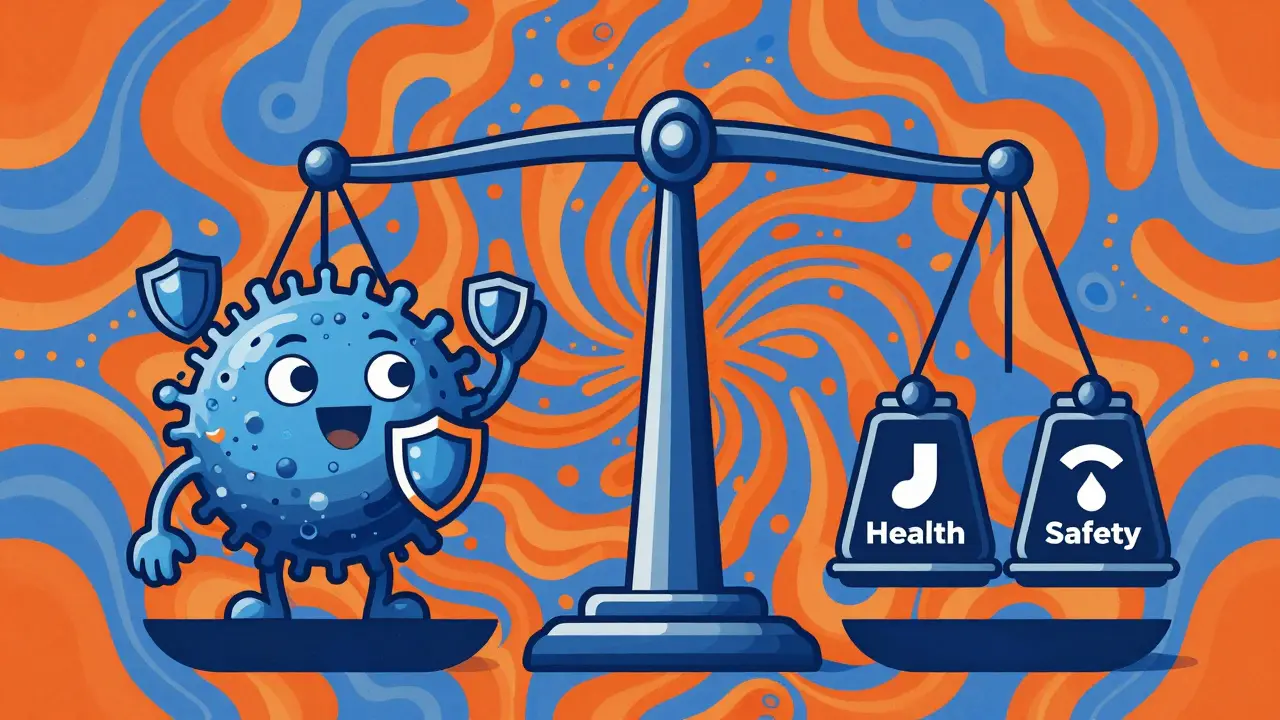 Illustration of immune cells balancing health and safety on a scale.
