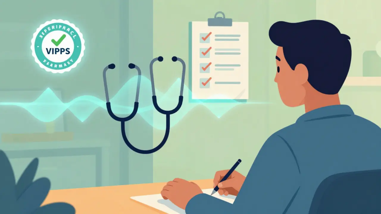 Illustration of safe telemedicine consultation and verified pharmacy accreditation process.