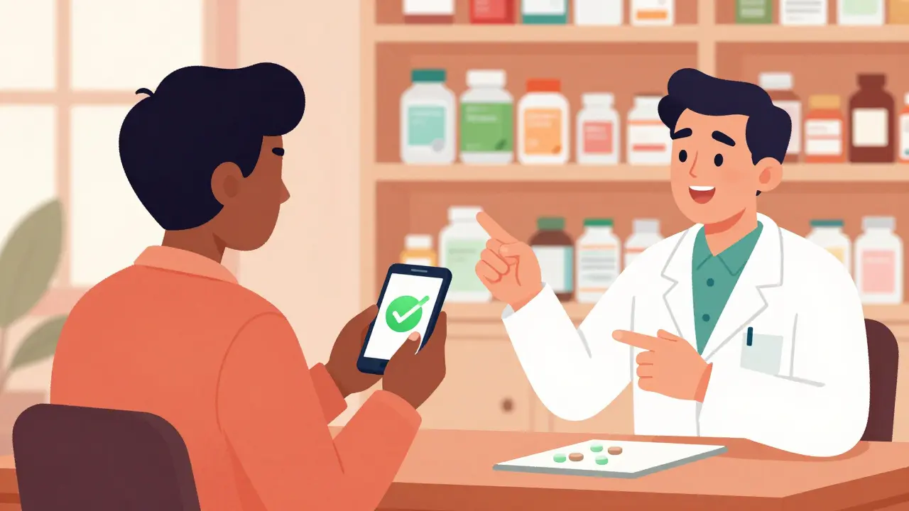 Patient and pharmacist discussing vegan medication alternatives