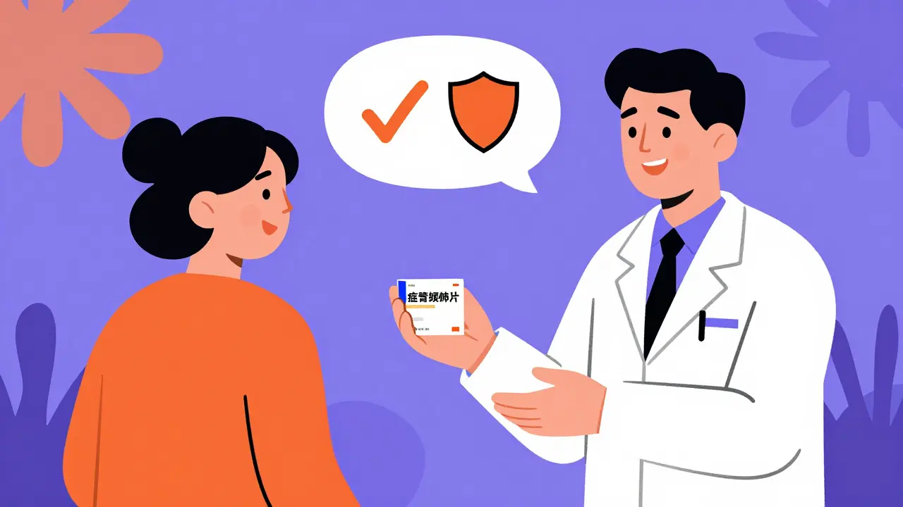 Pharmacist counseling patient on safe generic medication use.