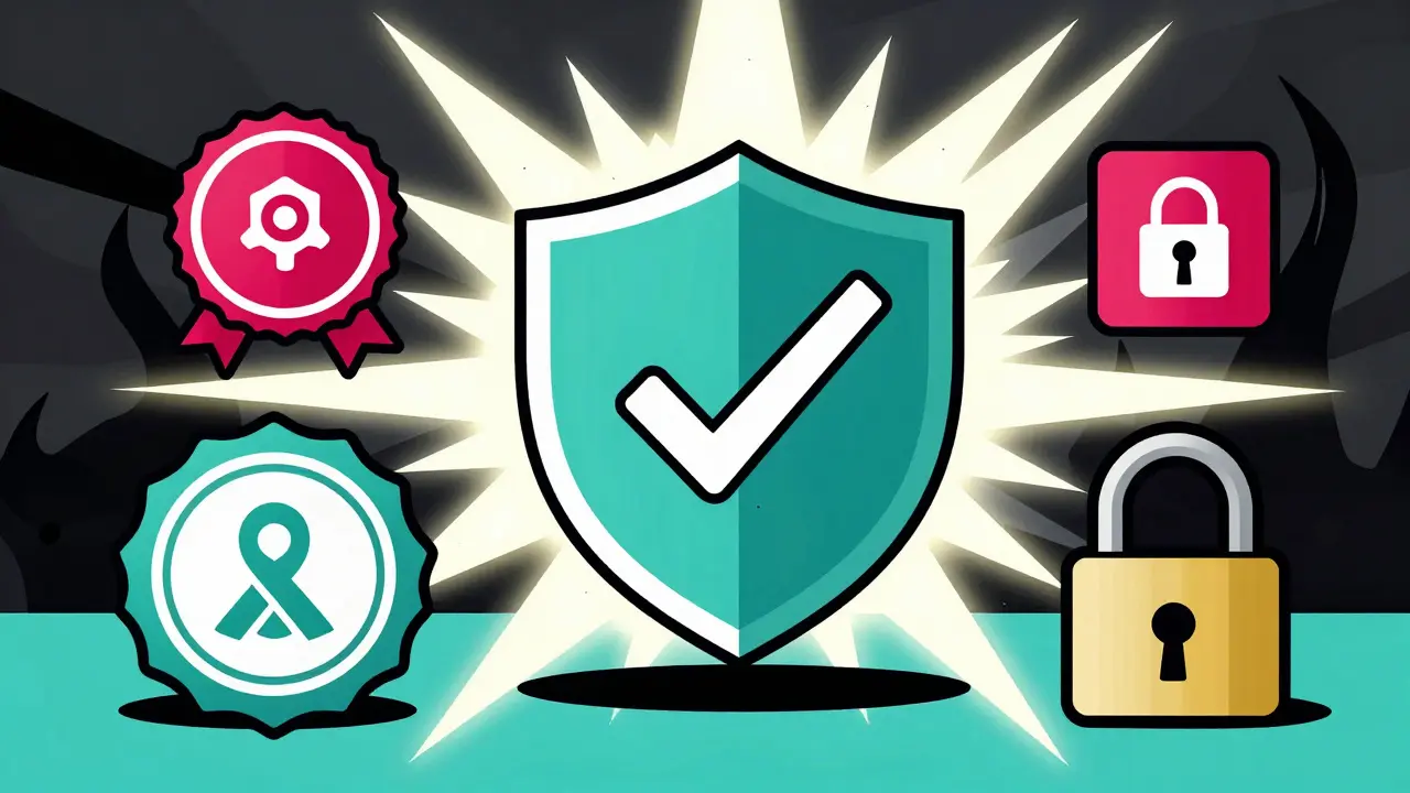 Retro style graphic highlighting safety badges and verified online pharmacies