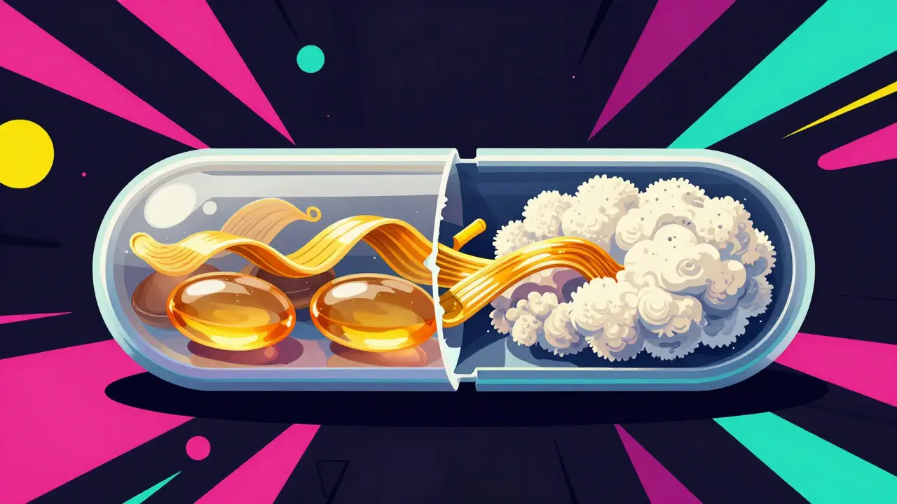 Stylized cross-section of a pill showing hidden animal ingredients