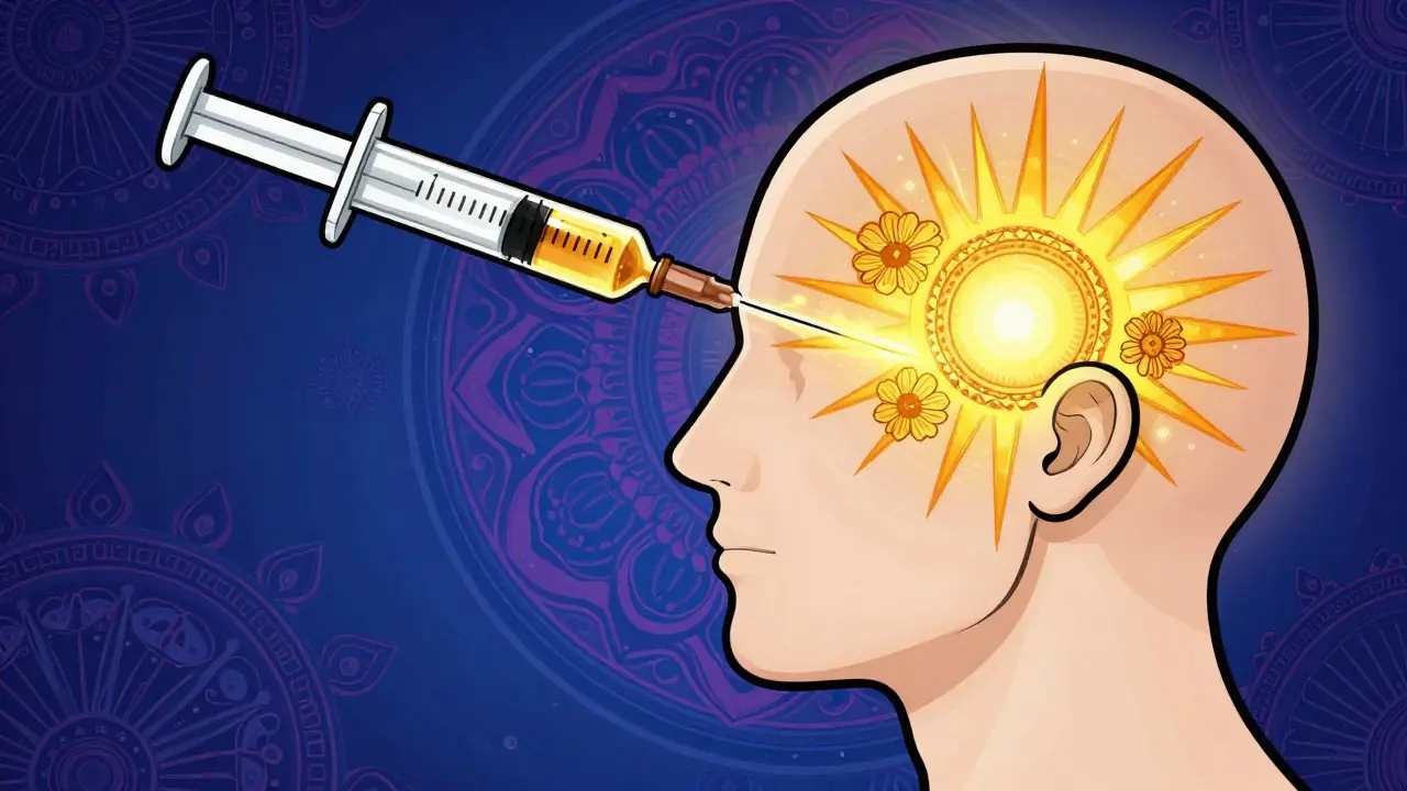 Stylized graphic showing Botox injection targeting nerve pathways