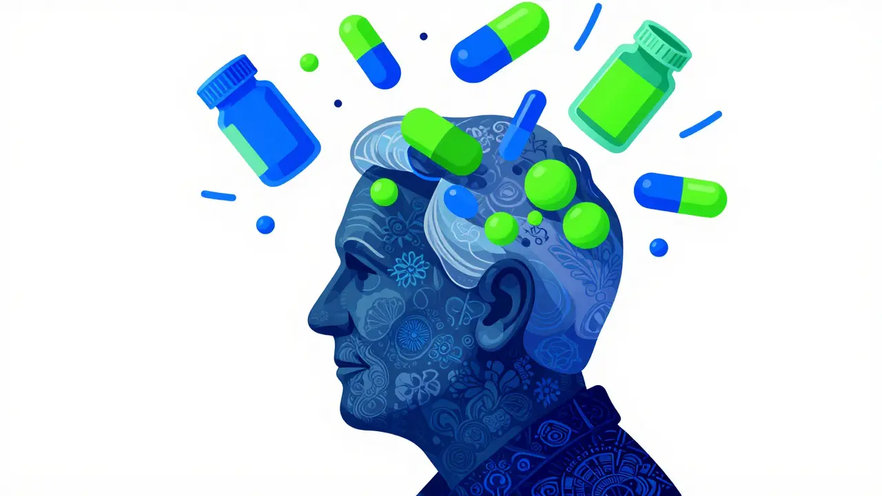 Stylized senior silhouette weighed down by colorful pills