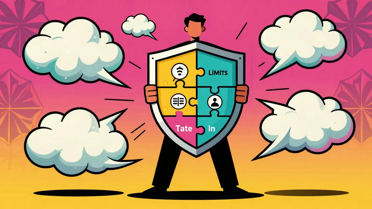 Vibrant cartoon of person holding shield against chaotic financial clouds