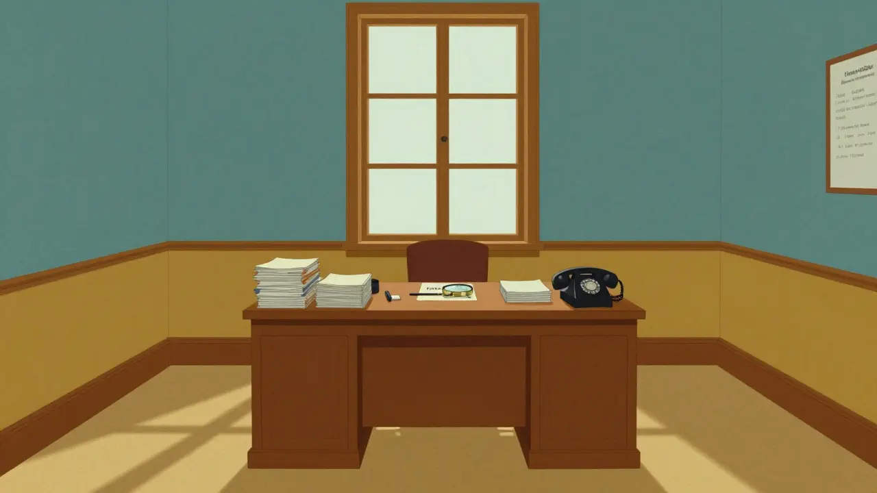 Vintage office desk with magnifying glass for license verification.