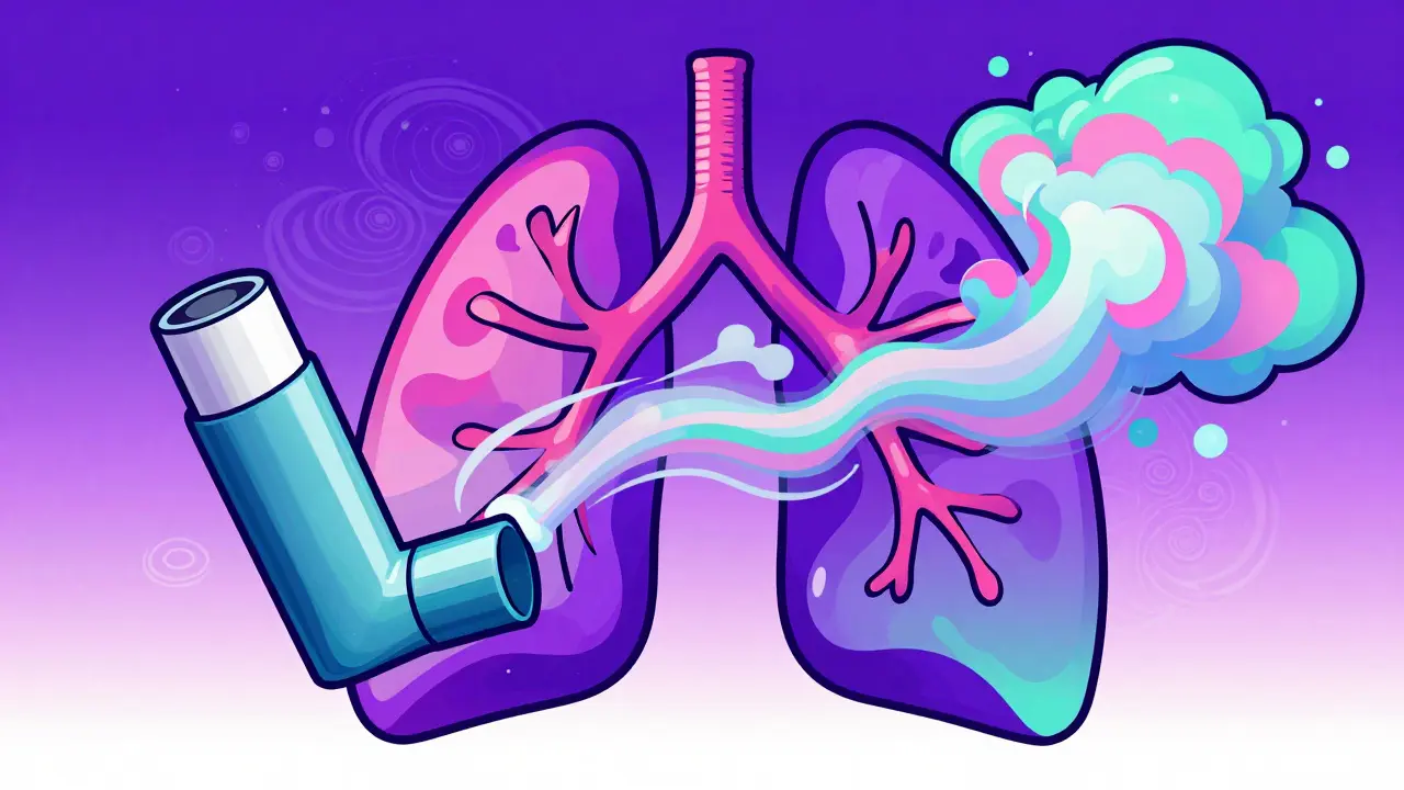 Abstract art of an inhaler releasing colorful smoke rings shaped like lungs.