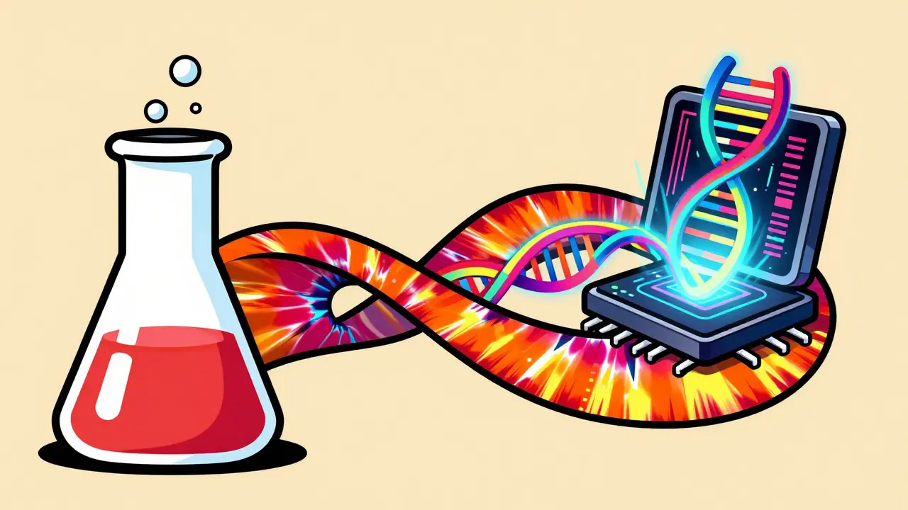 Cartoon comparing traditional beakers with futuristic drug modeling