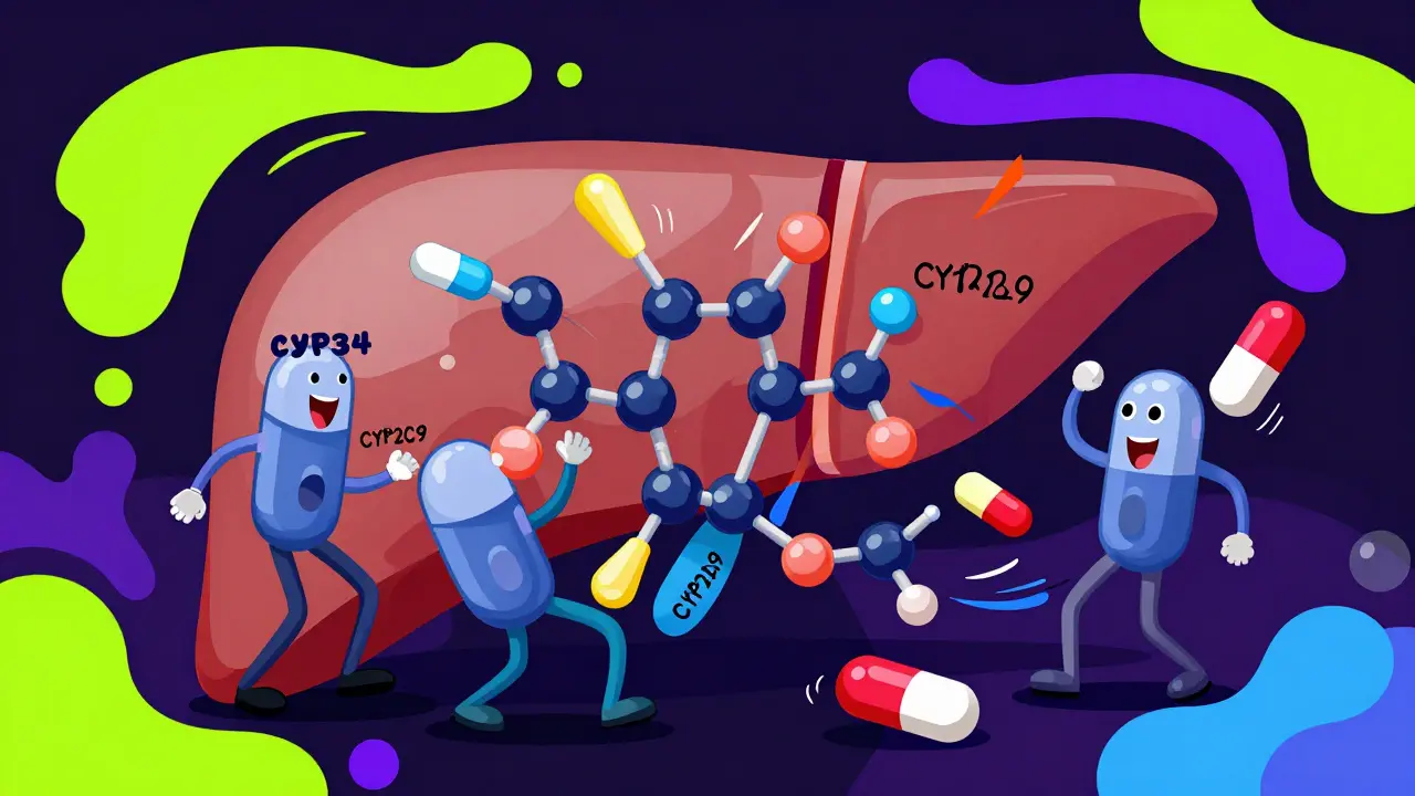 Cartoon enzymes interacting with pills in a colorful, chaotic metabolic scene