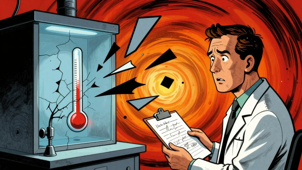 Chaotic lab scene showing failed temperature controls and data errors
