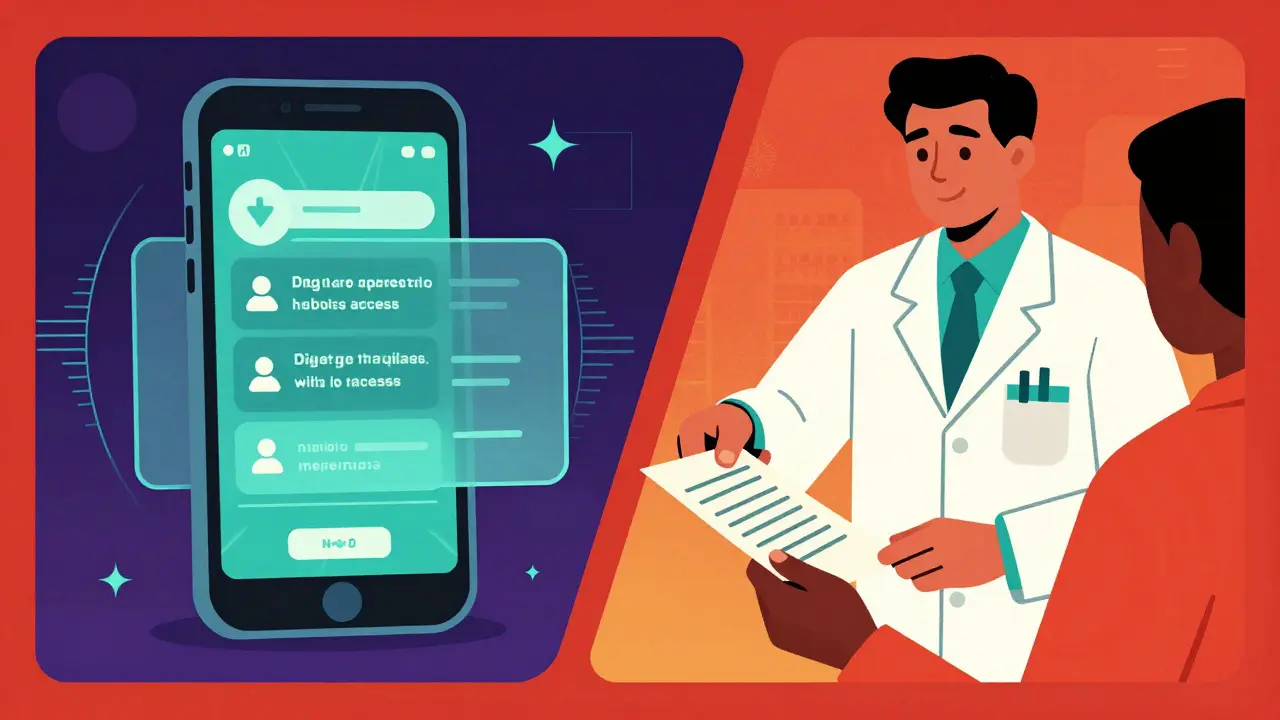 Comparison of digital app access vs printed pharmacy notes in retro style