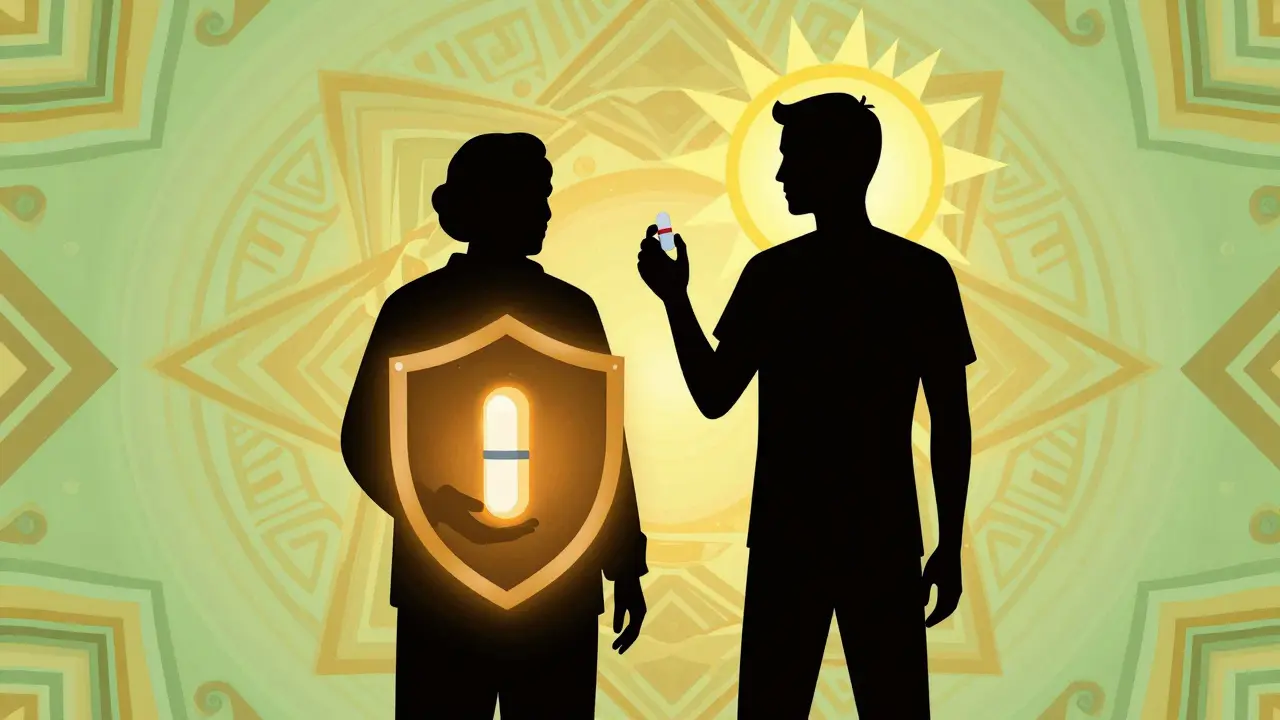 Illustration of elderly and young figures with pills, symbolizing dose limits