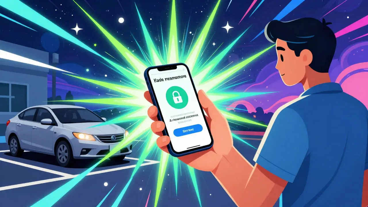 Patient verifying pharmacy app in car with glowing tech symbols