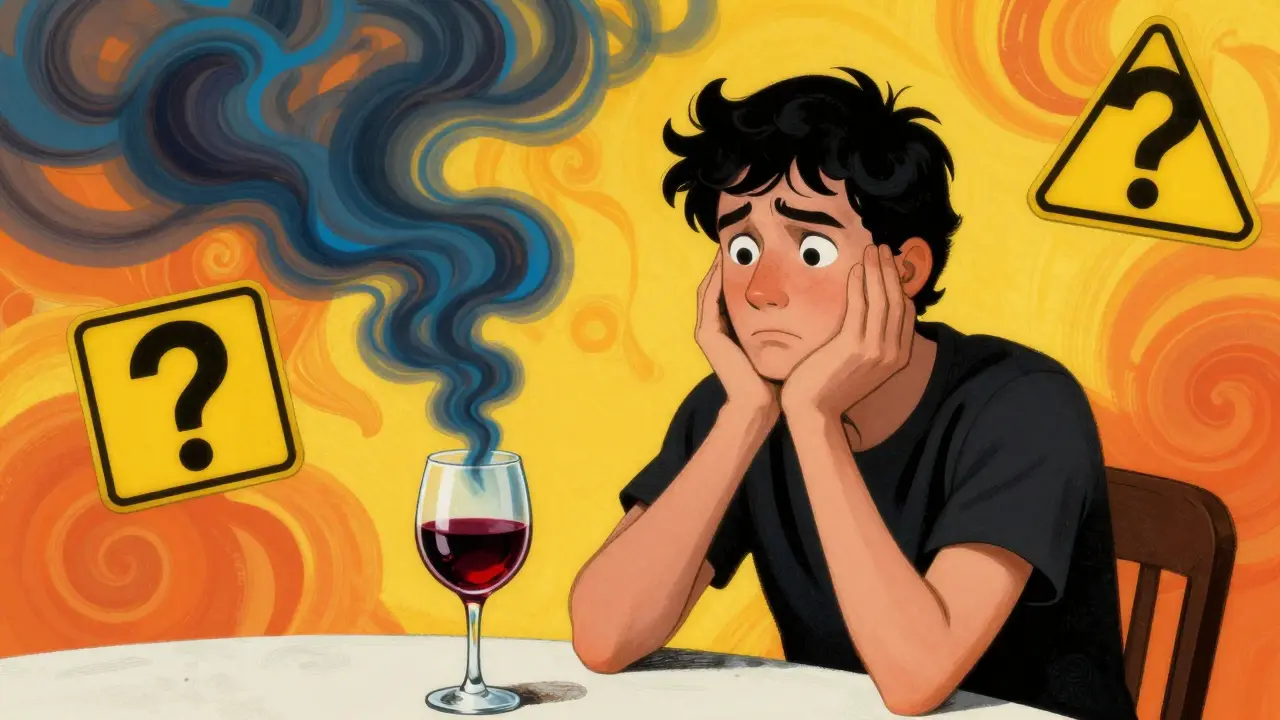 Person hesitating over wine glass with ominous smoke rings