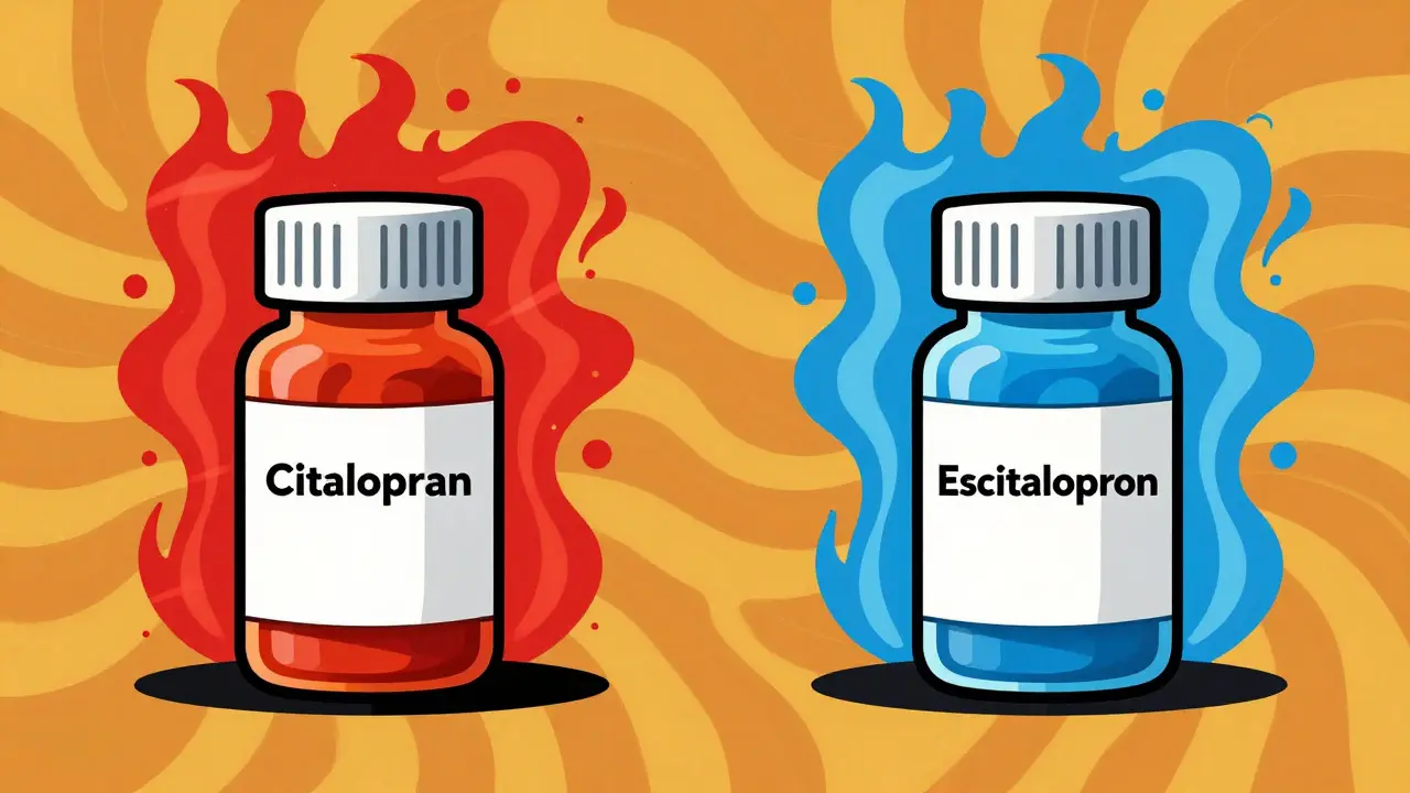 Retro art comparing two medication bottles with different colored energy waves