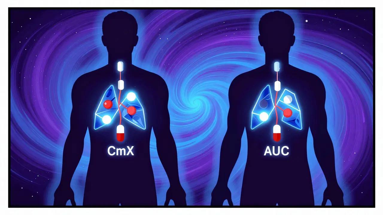 Retro art showing bioequivalence with glowing molecules in human silhouettes