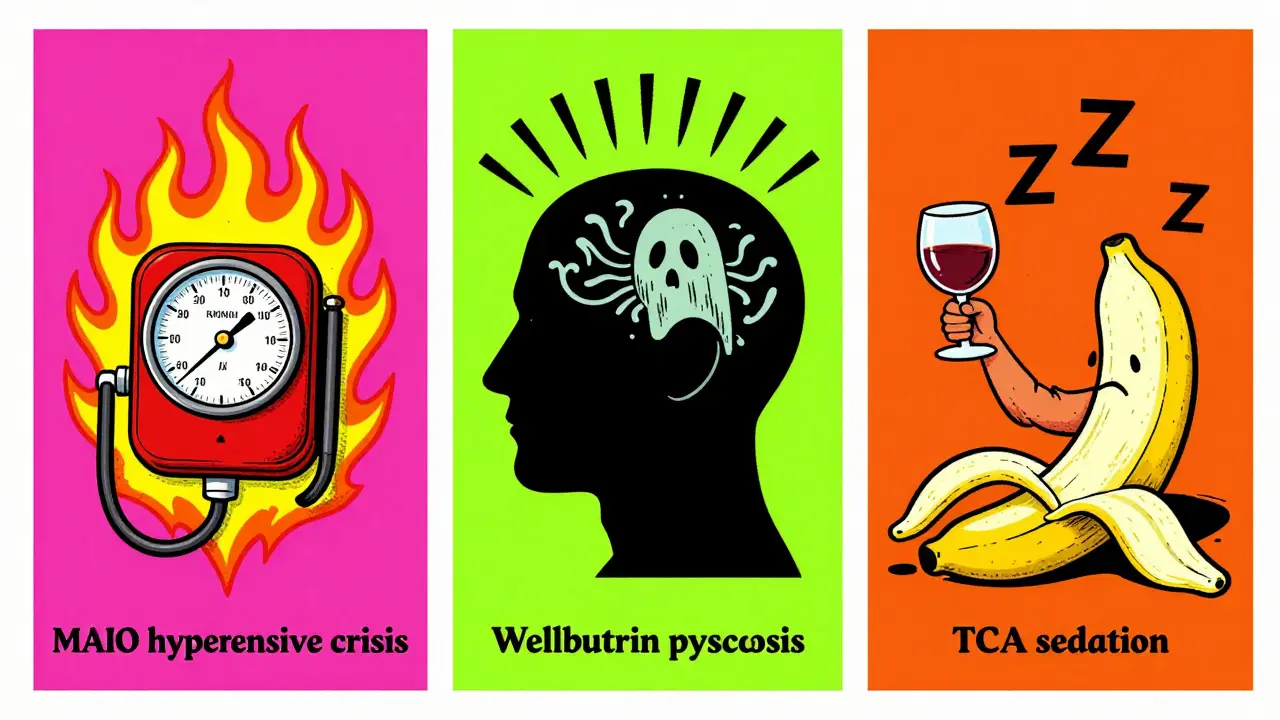 Retro cartoon illustrating three drug-alcohol interaction risks