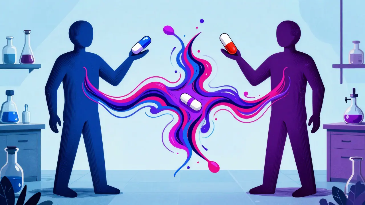 Retro illustration comparing brand and generic drug absorption