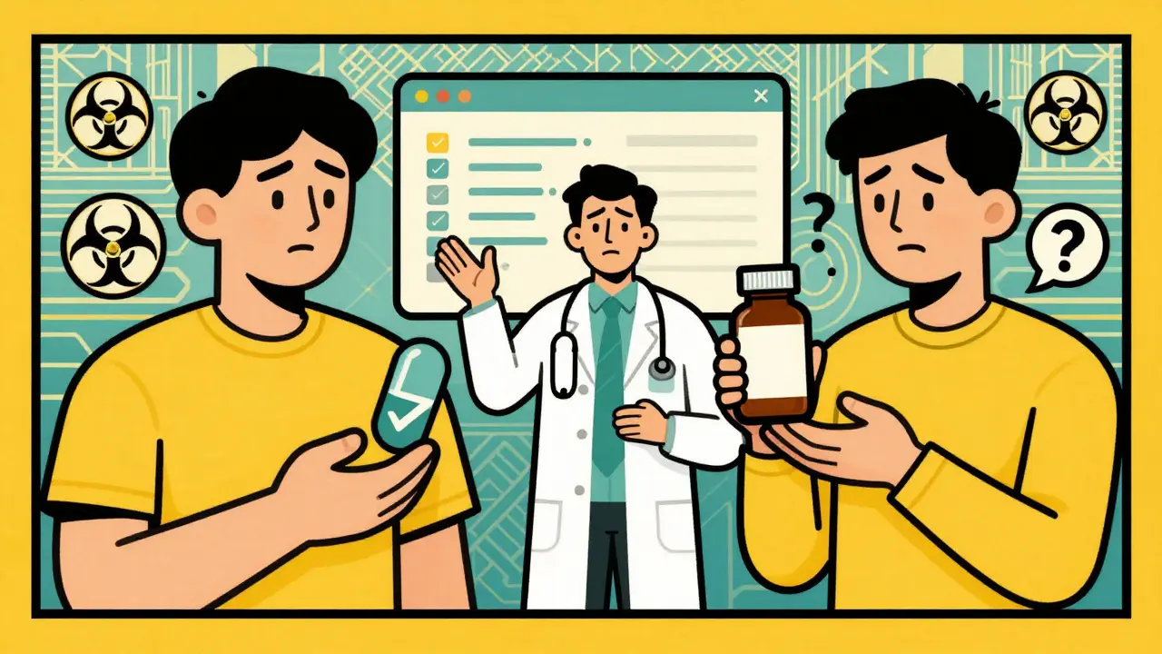 Retro illustration comparing safe standardized supplements to risky generics