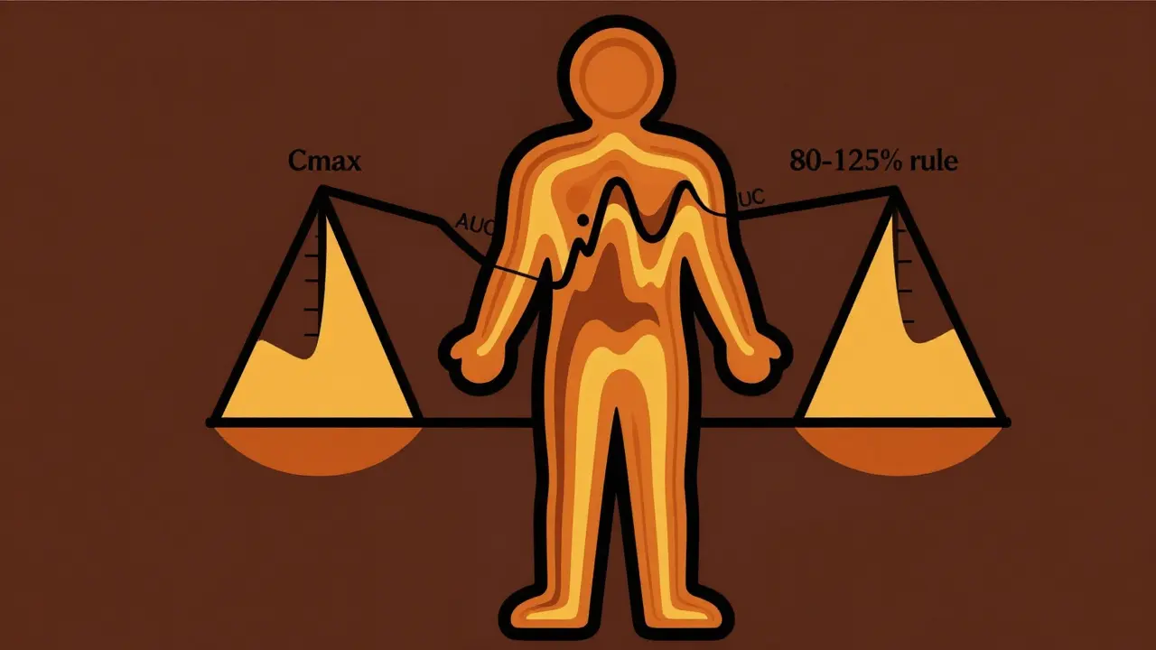 Retro illustration of bioequivalence stats inside a human silhouette