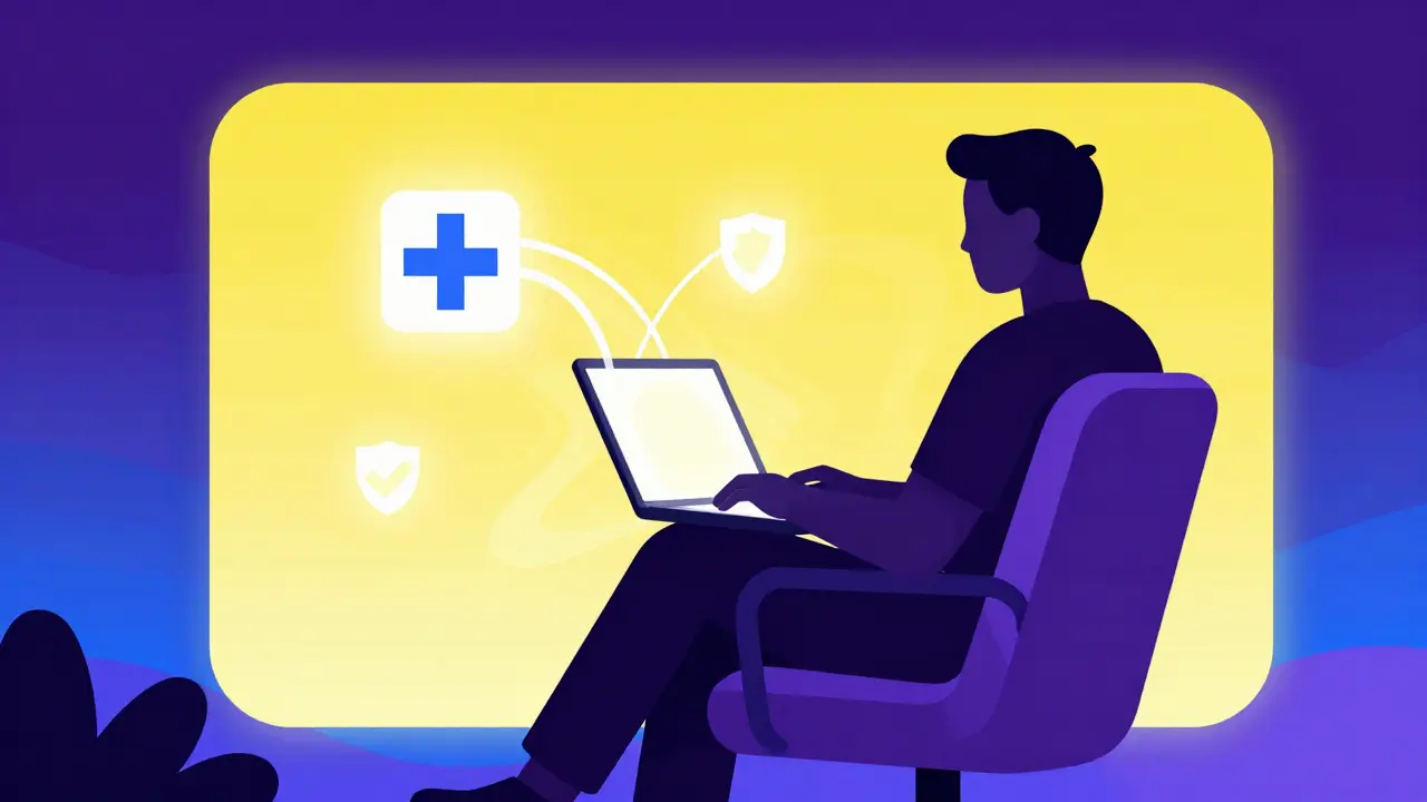 Retro illustration of person using secure telemedicine for online prescription