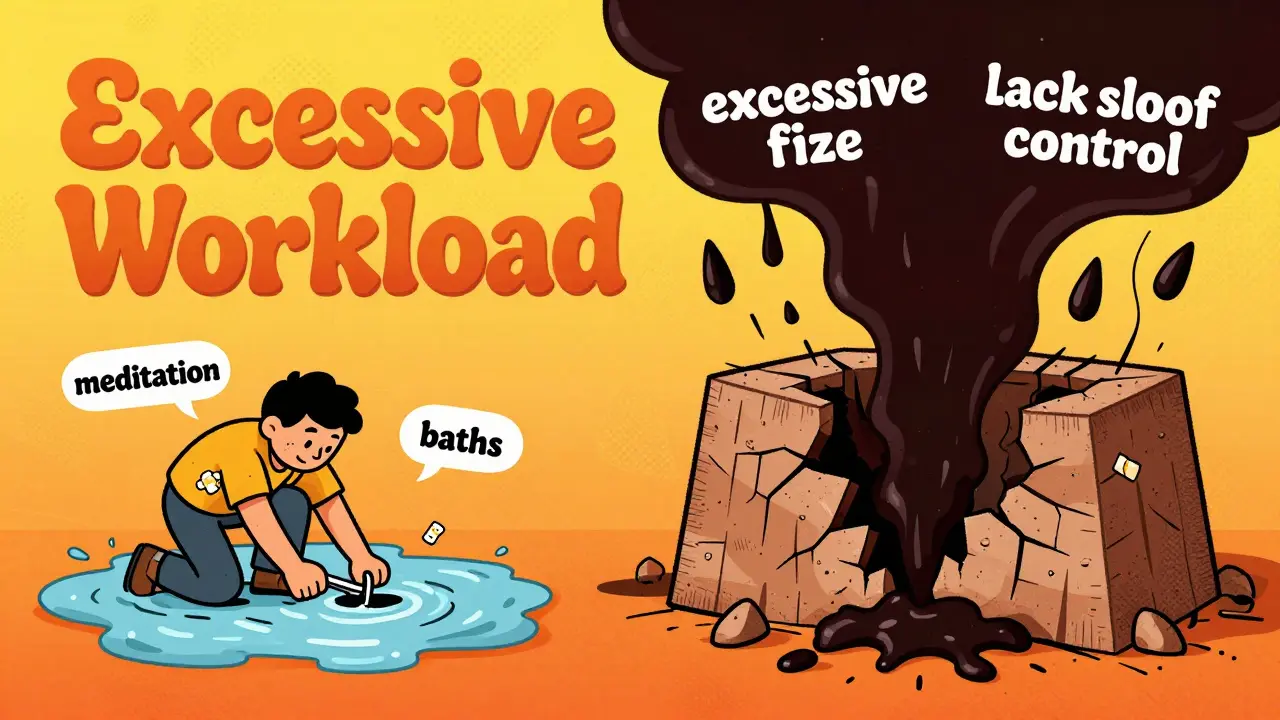Retro illustration showing systemic causes of burnout vs self-care