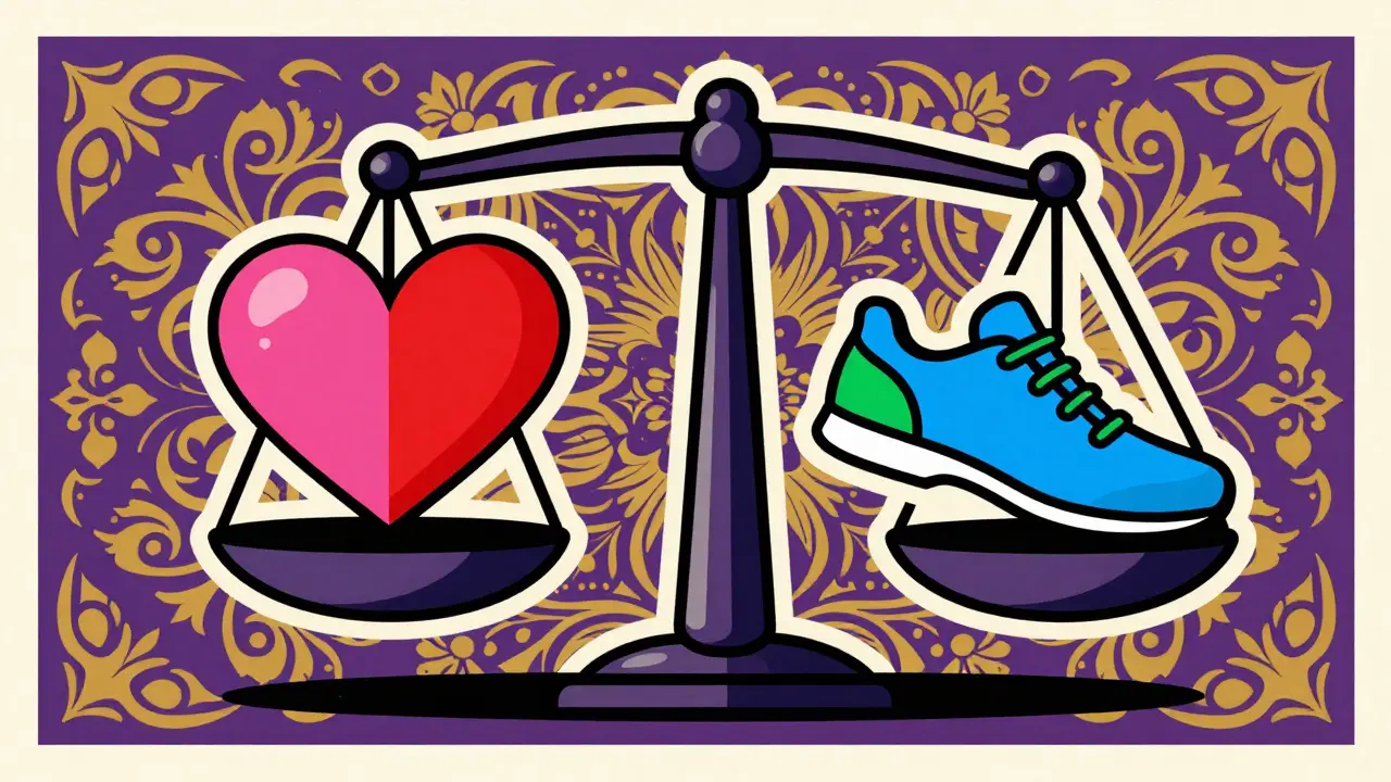 Retro poster balancing a heart icon and a running shoe.