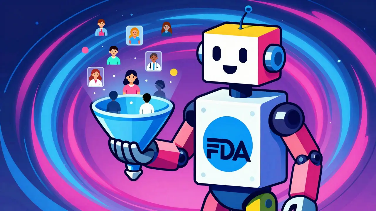 Retro robot collecting patient reports in a colorful, abstract data stream.