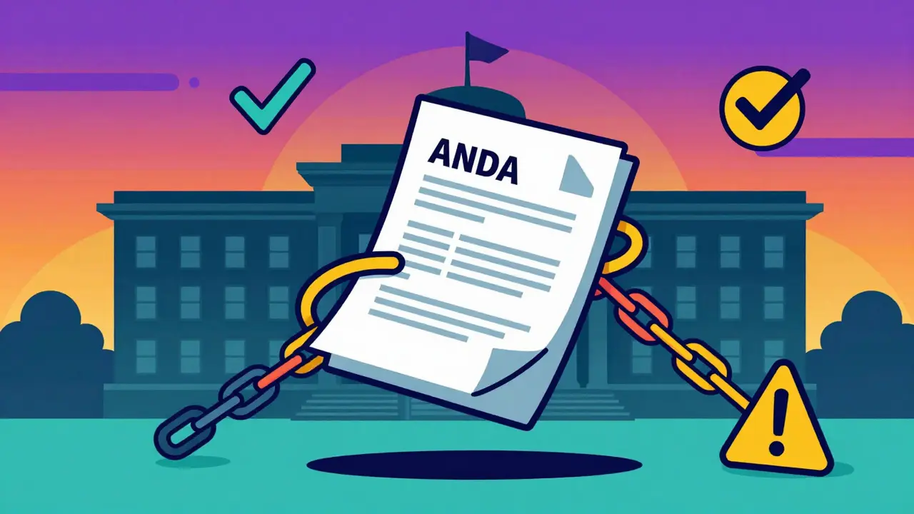 Stylized ANDA document bound by regulatory chains against a sunset backdrop
