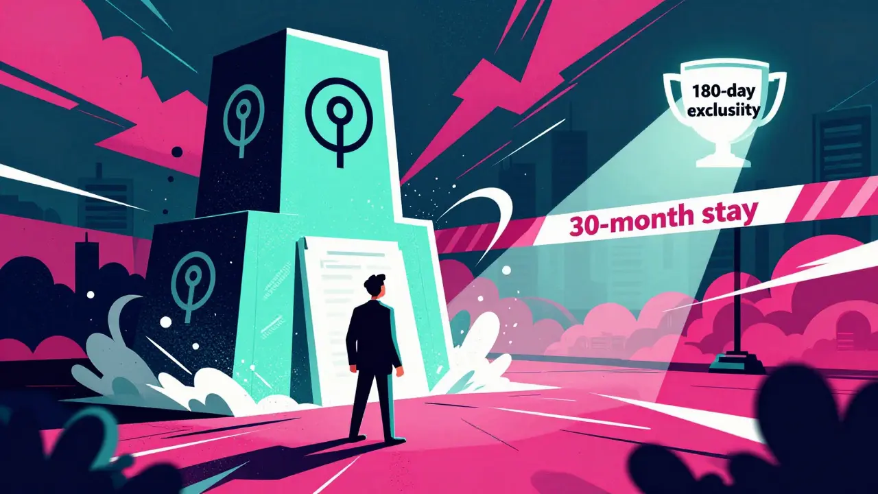 Stylized graphic of generic drug maker facing patent barriers and rewards