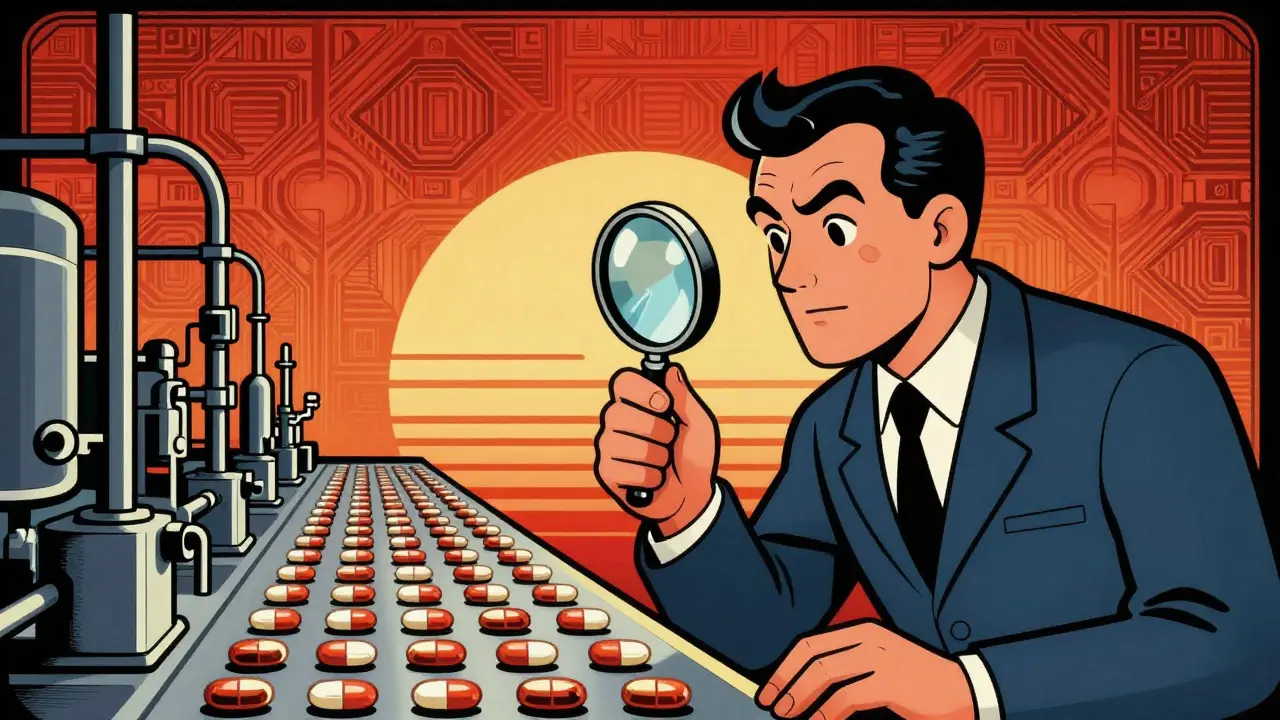 Vintage style art of FDA inspector checking pill quality