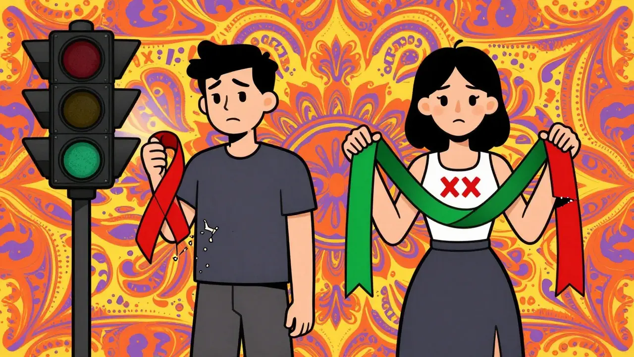 A cartoon illustration in Wes Wilson style comparing male and female color vision inheritance, showing figures holding colored ribbons against a backdrop of swirling paisley patterns and bold typography.