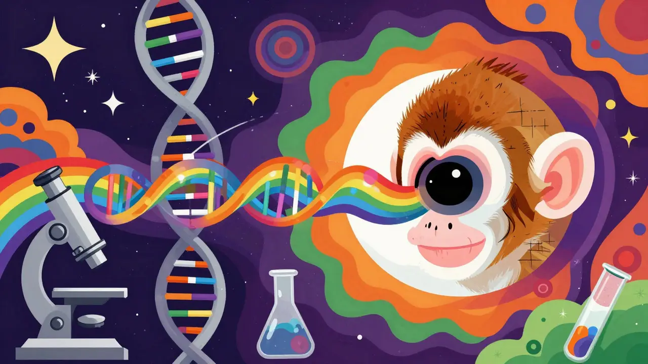 A futuristic Wes Wilson illustration of gene therapy, showing DNA strands turning from gray to rainbow colors within a stylized eye, set against a kaleidoscopic, cosmic background with scientific motifs.