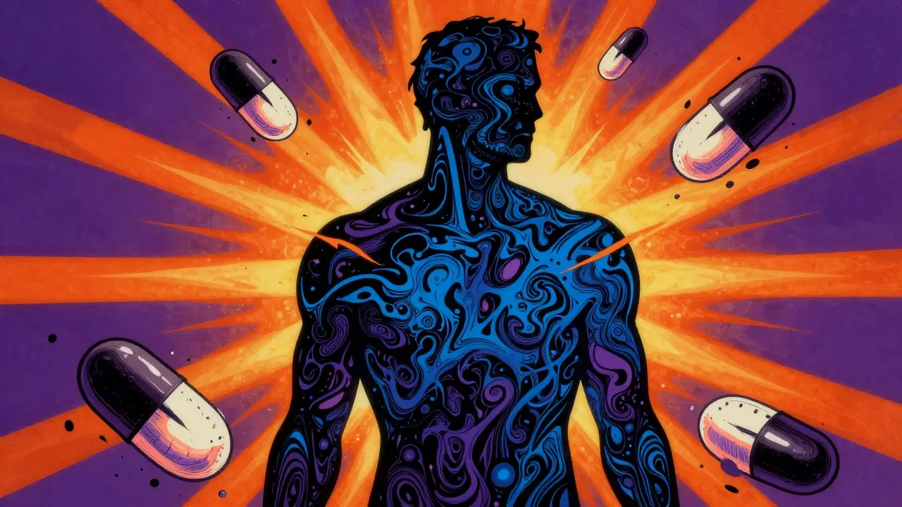 Abstract illustration of a silhouette surrounded by dangerous pills