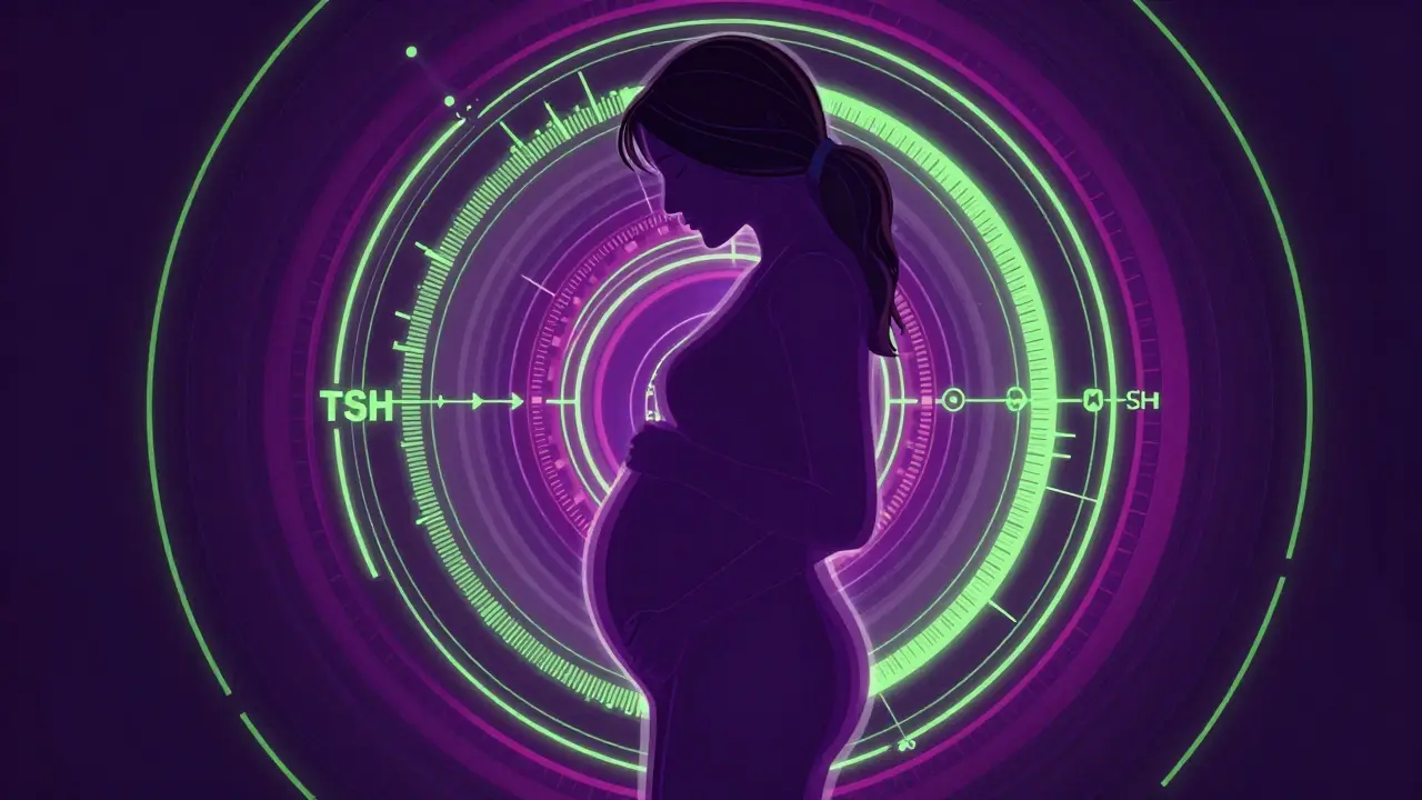 Abstract pregnant figure with glowing monitoring rings