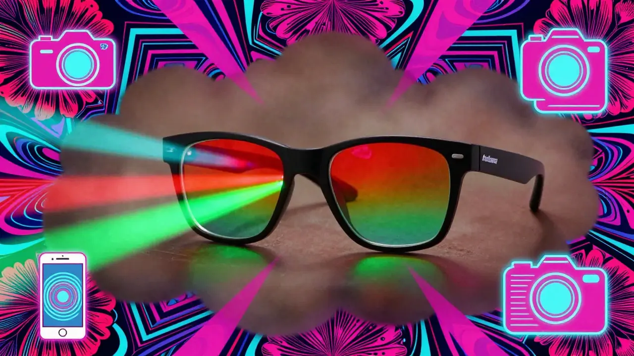 An artistic depiction of EnChroma glasses and digital tools for color blindness, rendered in Wes Wilson's psychedelic style with vibrant light beams, neon colors, and complex geometric backgrounds.