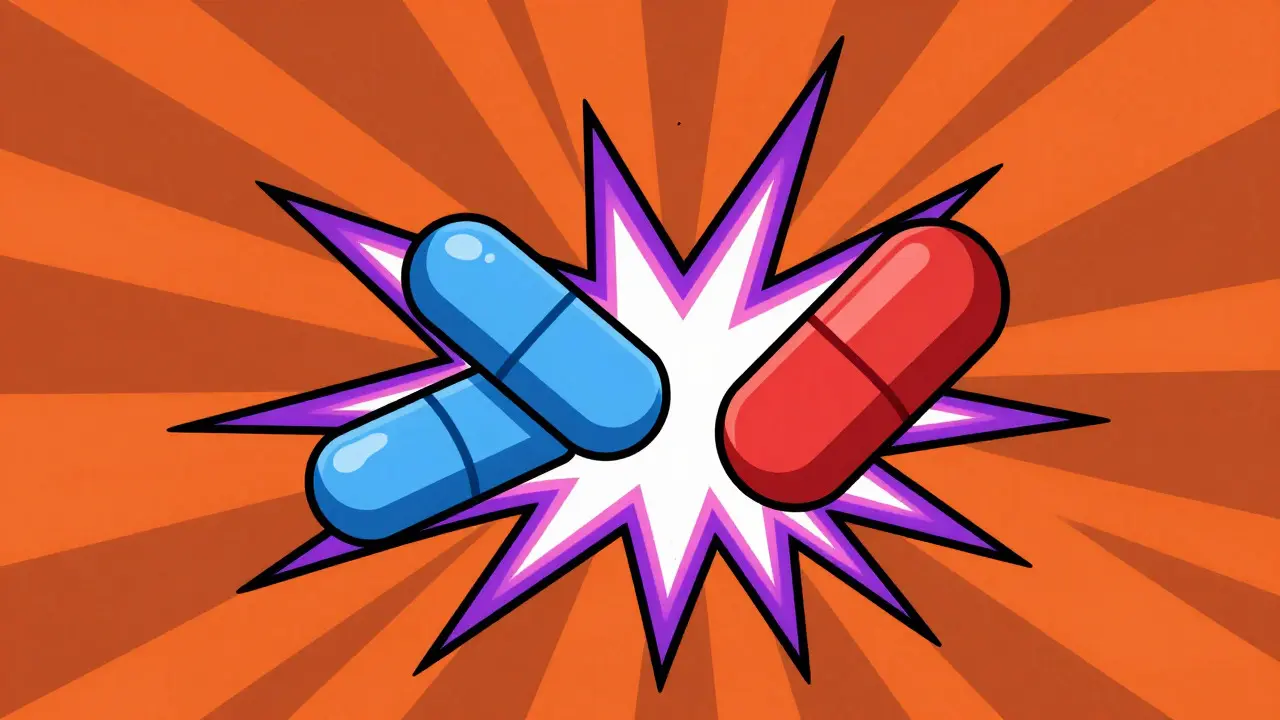 Cartoon of two pills colliding with electric sparks, showing drug interaction risk