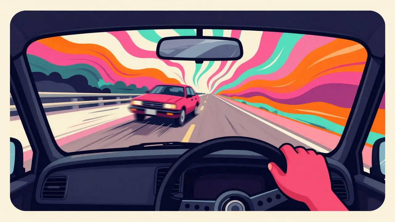 Distorted psychedelic view of swerving car representing driving impairment