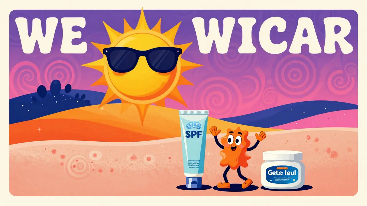 Groovy poster showing sun protection and skincare products for preventing scars.