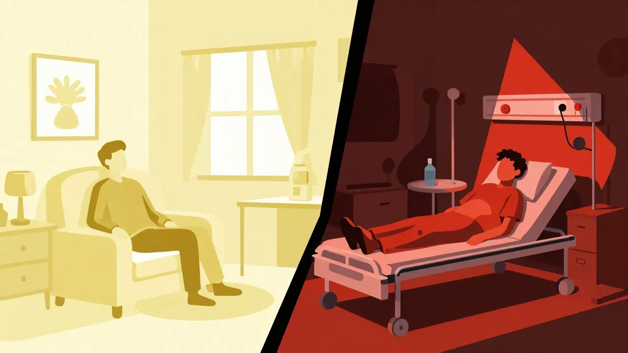 Illustration contrasting calm home care with chaotic hospital environment