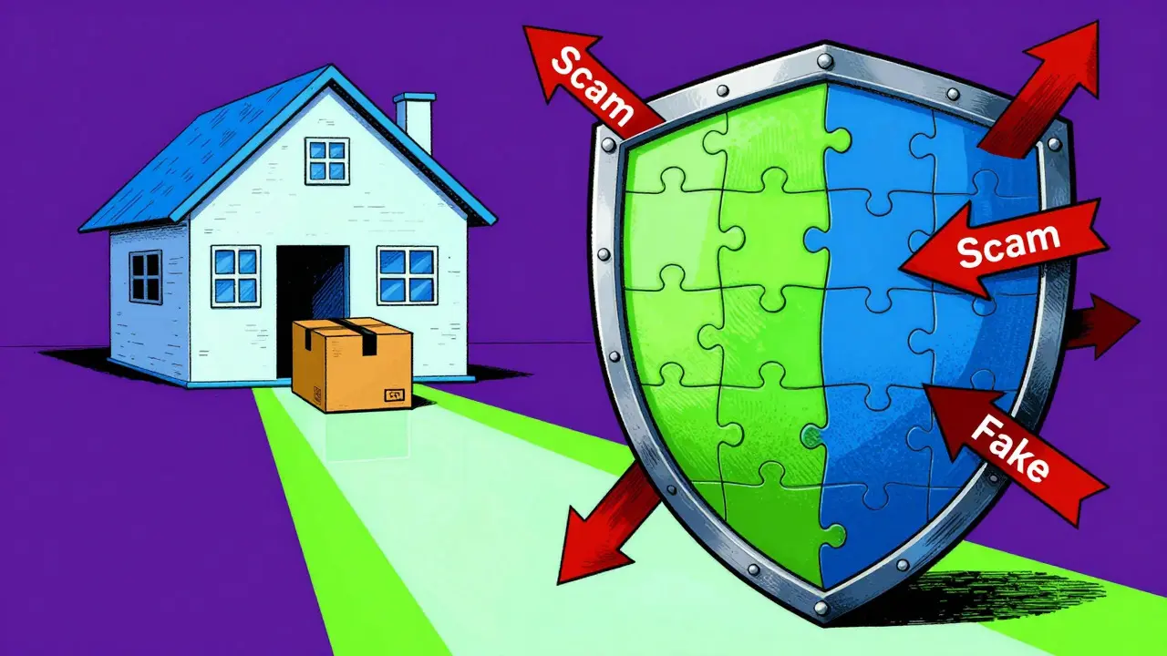 Illustration of a colorful shield protecting against fake pharmacy scams.