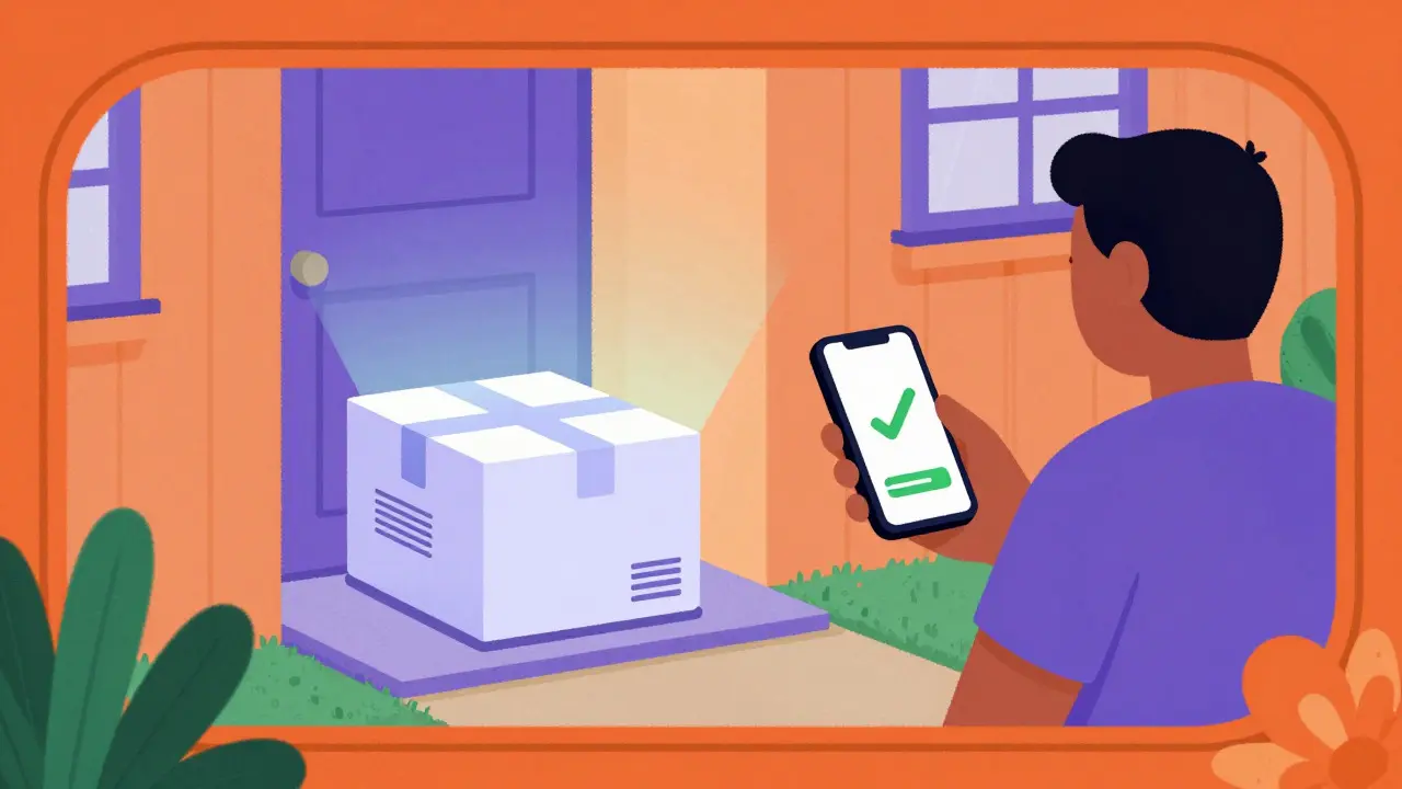 Medication package on doorstep with person holding phone.