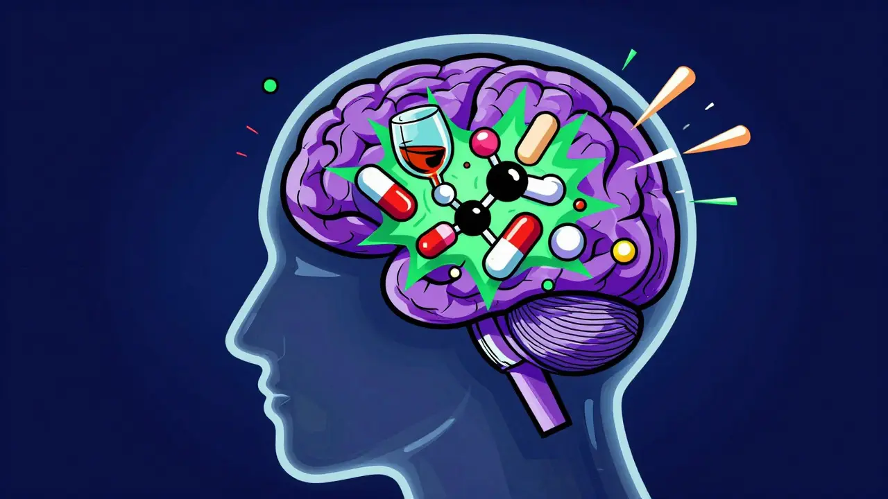 Psychedelic brain illustration showing drug and alcohol collision effects