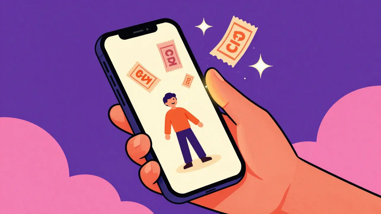 Retro art showing a smartphone dispensing magic discounts to a user.