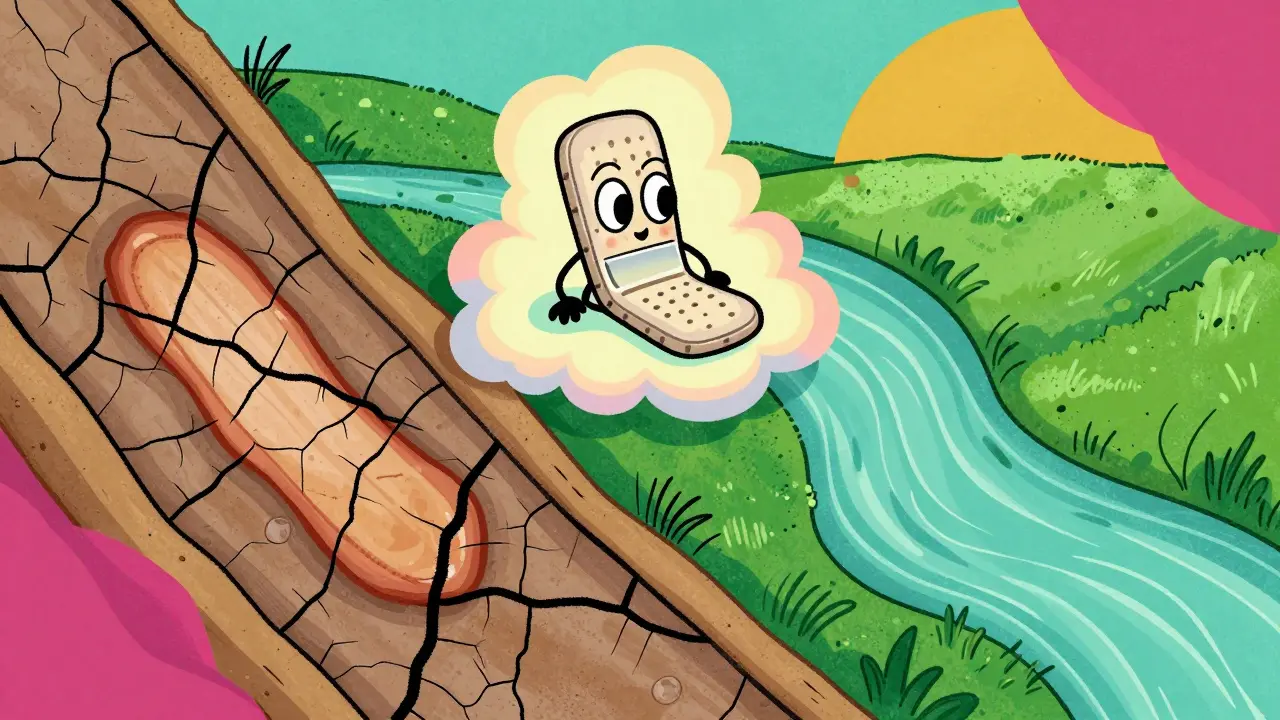 Retro illustration comparing dry scabs to moist healing environments with a cute bandage.